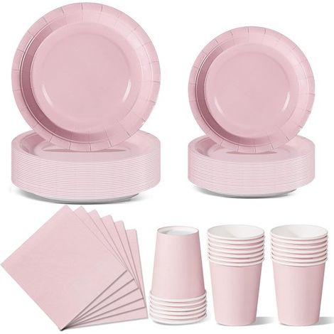 Service de table 96 pièces - Vaisselle de fête - Décoration rose - Assiettes, gobelets en papier, serviettes - 24 invités - Idéal pour les anniversaires de filles, mariages, baptêmes, Noël et autres f (1/5)
