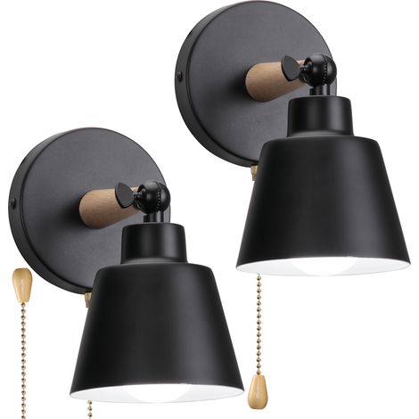 2X Wall Light, Modern Wooden Wall Lamp with EU Plug, Simple Wall Sconce Fixture with Metal Lampshade for Bedroom Living Room (Black)