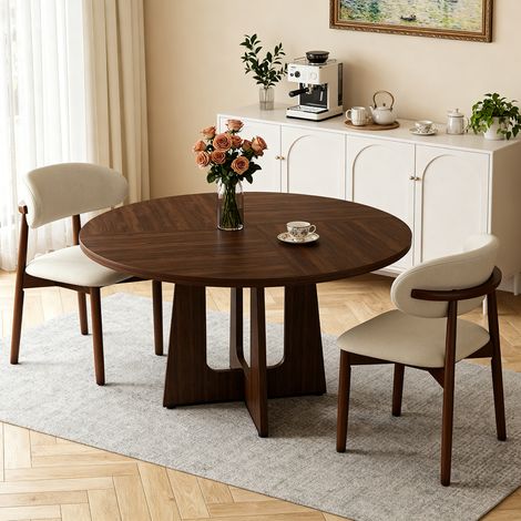 Ensemble de salle à manger rond modulaire composé d'une table et de deux chaises, plateau en MDF plaqué noyer, chaises en chêne massif plaqué noyer, idéal pour le salon et la salle à manger. (1/5)