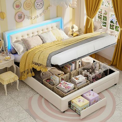 Doppelbett 180x200 cm, mit LED-Beleuchtung, zwei Schubladen am Fußende, Samt, hydraulischer Stauraum, Lattenrost, geeignet für Erwachsene und Jugendliche, beige