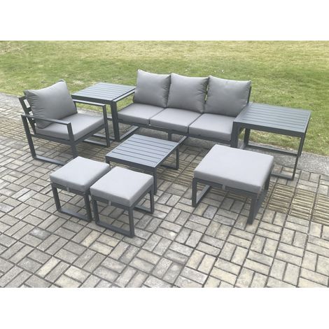 Fimous Aluminium Outdoor Garden Furniture Set Lounge Sofa Chair Square Coffee Table Sets with 2 Side Tables 3 Footstools Conservatory Set Dark Grey 7 Seater (1/5)