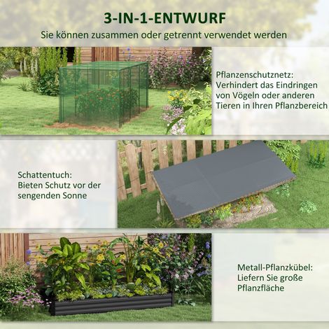 Potager surélevé avec filet anti-oiseaux et voile d'ombrage, armature en acier, 230 x 110 x 110 cm, gris/vert/noir (1/4)