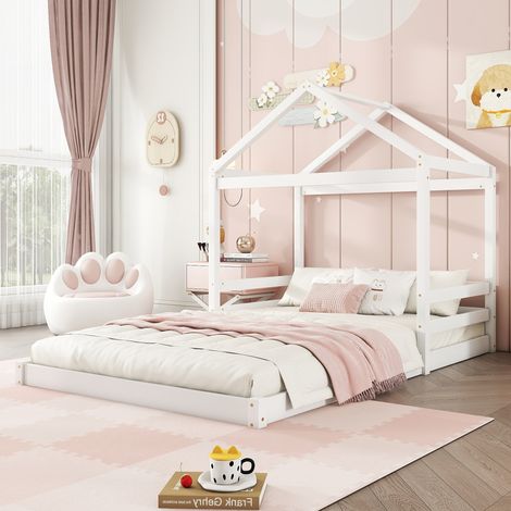 Lit enfant en forme de maison, 140x200 cm, sommier inclus sans matelas, bois de pin naturel, style épuré, blanc, literie pour chambre d'enfant, couchette minimaliste. (1/5)