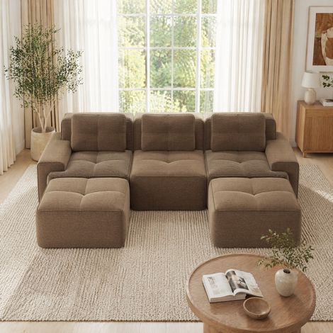 Modulares U-Sofa mit Ottoman, 3-Sitzer, Cord, braun HAVRYA (1/5)