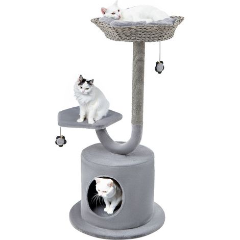 Poste rascador para interiores con marco de metal curvo centro de actividades para gatos de 3 niveles gris