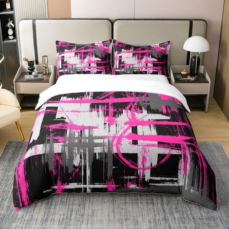 Hot Rose Noir Gris Parure de lit 200x200cm Enfants Abstrait Art Literie Set Moderne Stripe Art Housse de Couette 100% Coton Respirant Géométrique Ensemble Chambre décorative Ensemble - 200 x 200 cm + (1/5)