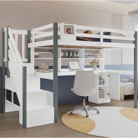 Cama semialta moderna 90x200 cm de madera blanca y gris con escritorio, estantería, escalera lateral con almacenaje y caja organizadora
