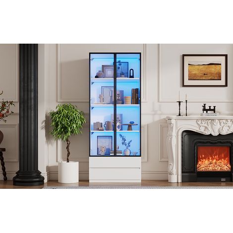 Vitrine haute LED 80 x 34 x 200 cm, 2 portes en verre, 2 tiroirs, MDF blanc OKWISH (1/5)