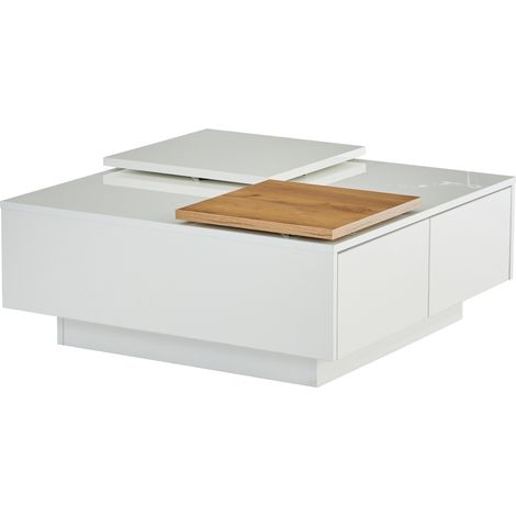 Mesa de centro cuadrada blanca brillo con tableros deslizantes y 4 cajones 75x75x33,5 cm (1/5)