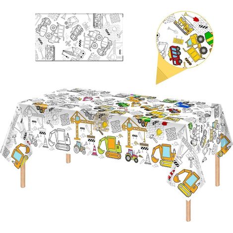Ausmalbare Tischdecke 137x274cm, Baufahrzeuge, wasserdicht, für Kindergeburtstage