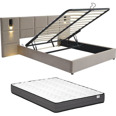 Letto con contenitore 160 x 200 cm con testata e lampada integrata Velluto Tortora + Materasso - SARETO