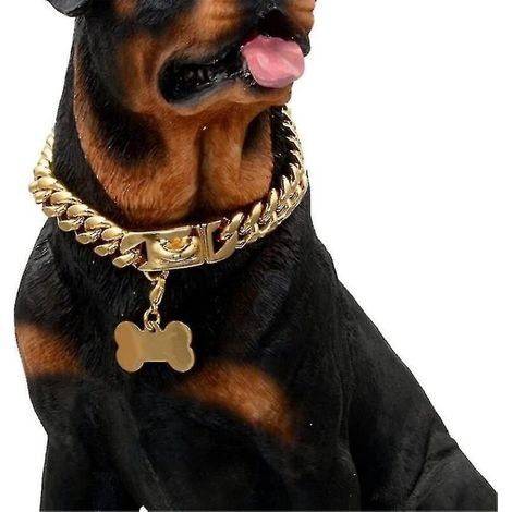 Collier étrangleur pour chien en chaîne dorée, maillons cubains solides et résistants aux morsures, avec boucle de sécurité et étiquette d'identification vierge en forme d'os, 40 cm (16 pouces).