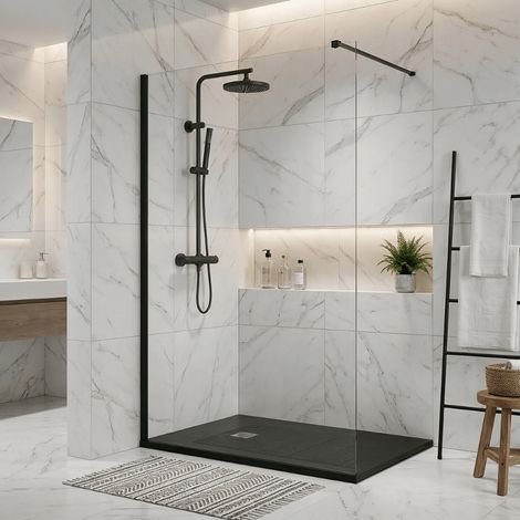 Pack douche à l’italienne Noir : receveur 120x80 cm + colonne de douche + paroi fixe