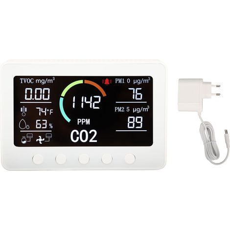 Détecteur Qualité de l’Air Intérieur 7-en-1, Moniteur TVOC PM2.5 CO2 Humidité Température, Testeur WiFi Compteur Blanc, Prise UE 100-240V (1/5)