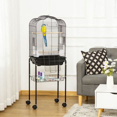 PawHut Cage à oiseaux volière pour oiseaux sur roulettes avec toit ouvrant 3 perchoirs étagère inférieure 46 x 36 x 130 cm noir