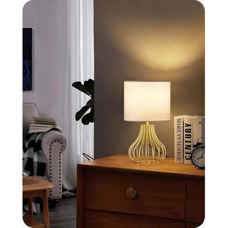 Petit Lampe de Chevet, Lampe de Table moderne avec base de cage métallique et abat-jour en lin, 1 ampoule LED Or Blan LAMPE A POSER (1/5)