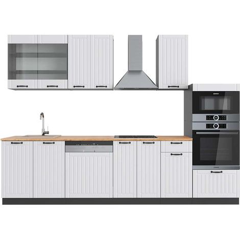 Küchenzeile Fame-Line, Weiß Landhaus/Anthrazit, 300 cm mit Hochschrank, AP Eiche, Vicco