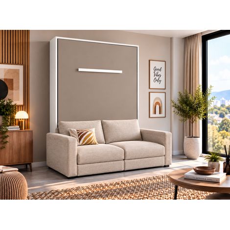 Lit escamotable vertical KIMBER avec canapé tissu intégré – Le salon le jour, un vrai lit la nuit Beige Blanc-140x190-Cadre Blanc-Façade Taupe-Canapé Beige (1/5)
