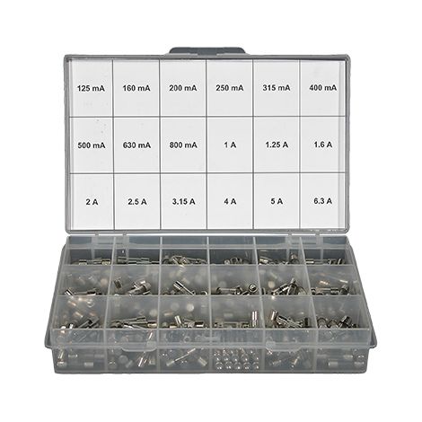 Coffret assortiment de 360 fusibles verres (20 pces de chaque calibre) 5x20 temporisés