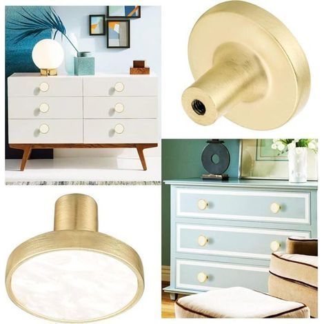 HONORNIC - Lot de 8 boutons de placard ronds en laiton marbré blanc - Boutons de tiroir décoratifs blancs - Boutons de commode dorés pour (1/4)