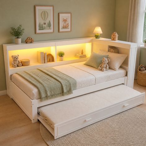 Letto daybed moderno 90x200 cm in pino, bianco, con letto estraibile, LED e prese USB/Type-C (1/5)