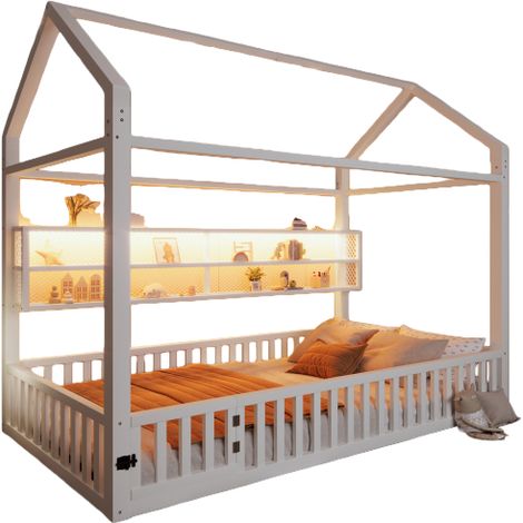 Lit cabane enfant Lit simple 90x200 cm avec éclairage LED et sécurité renforcée - Design maison avec garde-corps - Blanc (1/5)