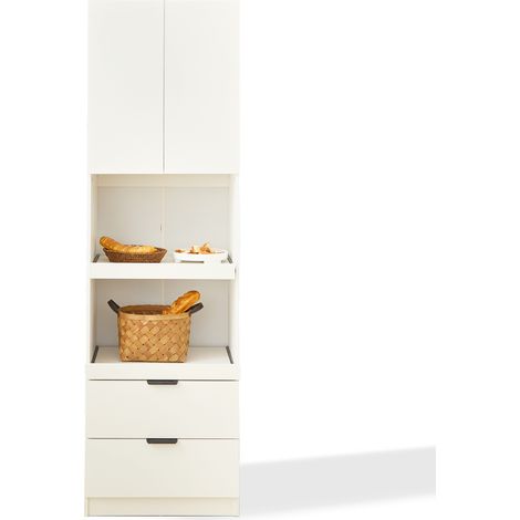 Armoire de cuisine 200 cm buffet haut blanc avec étagères coulissantes et tiroirs pour micro-ondes et rangement (1/5)