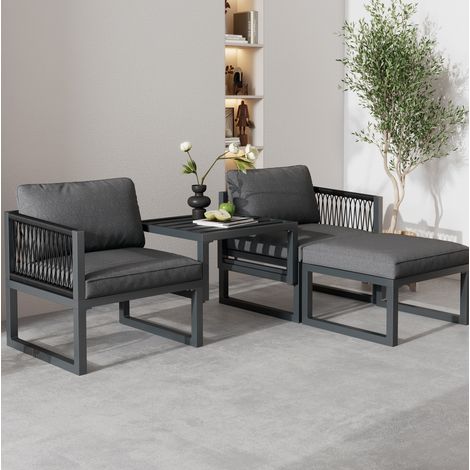 Ensemble de mobilier de jardin métal gris, 2 fauteuils et 2 repose-pieds, table réglable, coussins 8 cm (1/5)