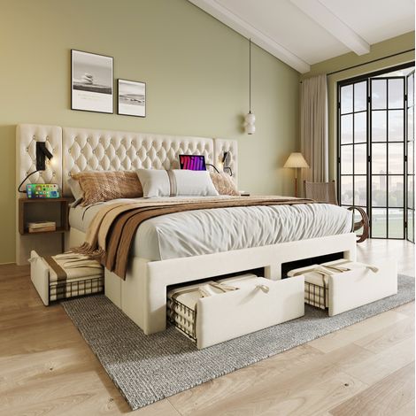 Lit coffre 180x200 cm - Avec 4 tiroirs, 2 tables de chevet, LED, USB et Type C - En velours - Beige (1/5)