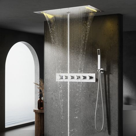 Duschsystem,Duschsystem Unterputz mit 40 x 40 cm Regendusche,Regendusche Unterputz Gebürstetes Gold,Selbstreinigende Kreisförmiger Hochdruck Duschkopf,Duscharmatur Unterputz Komplettset mit Handbrause (1/5)