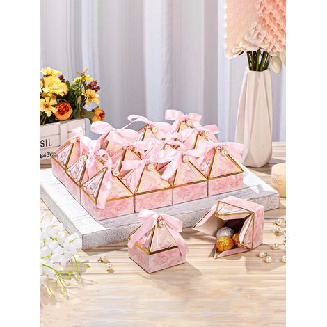 Lot de 50 boîtes cadeaux de fête : petites boîtes en papier pour bonbons avec ruban, boîtes cadeaux roses adaptées pour anniversaires, mariages ou événements de douche. (1/5)