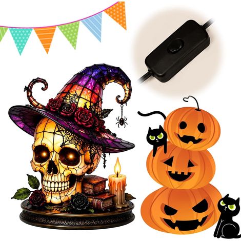 Lampe Bougie Crâne Gothique Halloween, Décoration de Table en Acrylique, Veilleuse USB pour Maison et Fête (1/5)