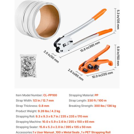 VEVOR Banding Strapping Kit, Heavy Duty Banding Sealer Tool with 100 m Length PP Band, 100 Metal Seals, Plastic Manual Pallet Packaging Strapping Kit for Warehouse/Shipping/Moving/Home, Orange (1/4)