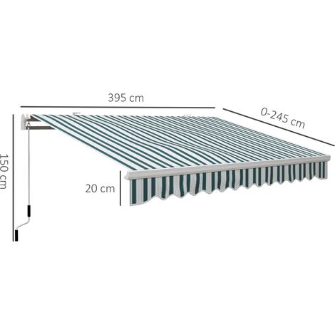 Store à bras articulé manuel 4m, support mural, aluminium blanc+vert, 395x245cm, protection solaire pour balcon