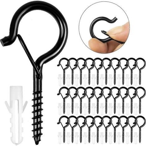 Crochets à vis noirs, lot de 30, robustes, avec boucle de sécurité. Crochets en bois pour suspendre paniers de plantes, mangeoires à oiseaux, lanternes, tasses, etc. (1/5)