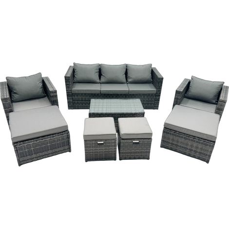 Fimous Outdoor Coffee Table Sofa Armchair Set with 2 Big Stools 2 Small Footstools Garden Furniture Set Dark Grey Mixed (1/5)