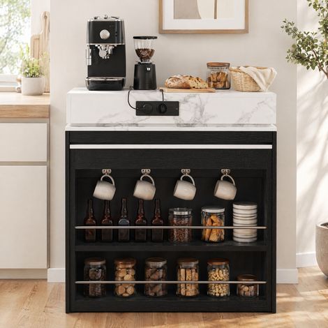 Mesa extensible de cocina con ruedas, tablero abatible, enchufes integrados, negro HAVRYA (1/5)