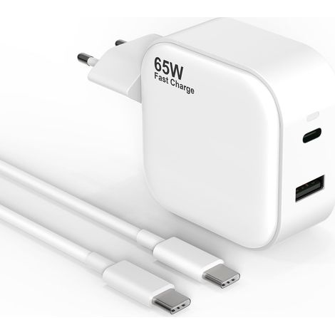 Chargeur USB C, Chargeur Rapide 65 W PD 3.0 Type c Adaptateur DE Voyage 2 Ports avec Alimentation USB-C et USB-A pour téléphones Mobiles iPhone Samsung Xiaomi Huawei, câble C vers C 1M (1/5)