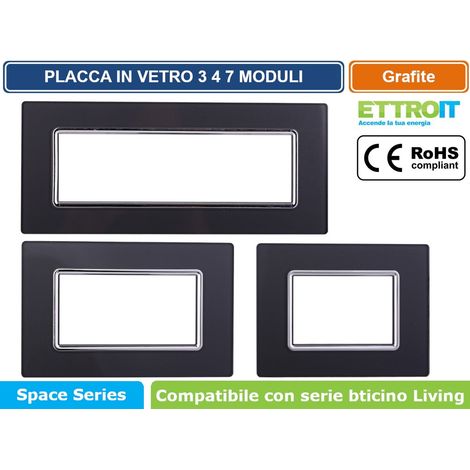 Ettroit placca compatibile Bticino Livinglight 4 moduli vetro colore grafite acciaio scuro - LN84410 (1/4)