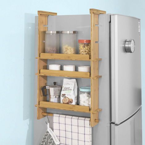 SoBuy KCR03-N Design Hängeregal für Kühlschrank Gewürzregal mit 3 verstellbaren Ablagen Küchenregal aus Bambus Natur BHT ca: 42x73x10cm