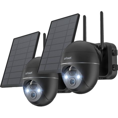 ieGeek 2Stk. 2K Solar Überwachungskamera Aussen Akku 355°/140° Pan Tilt Kabellose Farbnachtsicht mit PIR Bewegungsmelder Sirene/Weißlichtalarm 2-Wege-Audio IP65 Cloud/SD Storage (1/5)