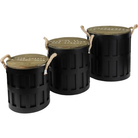 Set di 3 tavolini in metallo con manico in corda - Colore nero, dimensioni 36x36xH38 cm.