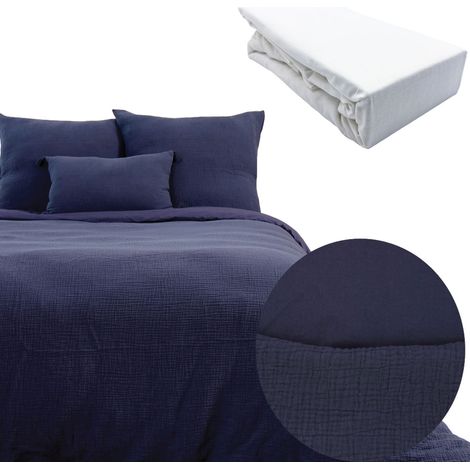 Parure 260x240 FABRIK gaze de coton MARINE + DH blanc 180x200 (1/5)