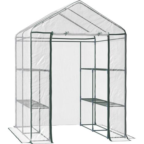 Serre d'extérieur à 3 niveaux avec étagères, structure en acier, bâche en PVC pour la culture de plantes, fleurs et légumes, 143 x 143 x 195 cm, translucide et verte