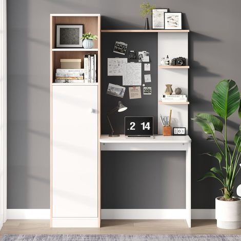 Bureau avec rangement 123,5x45x168,5 cm blanc et bois, bureau informatique avec étagères ouvertes et placard fermé (1/5)