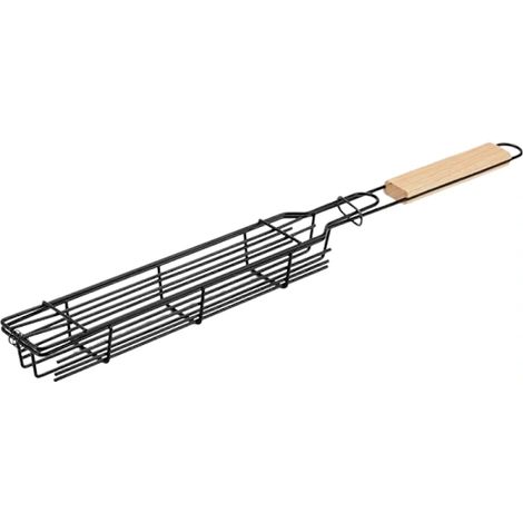 Lot de 2 paniers à griller antiadhésifs en acier avec poignée en bois et poignée en bois, pour barbecue au charbon de bois en camping ou en extérieur (49 cm). (1/5)