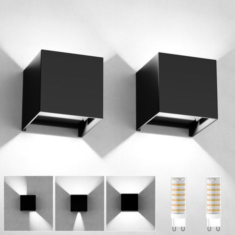 Applique Murale Interieur/Exterieur 2 Pièces, Applique Murale Ampoules Remplaçables LED Murale Lampe IP65 Étanche 6000K Blanc Froid Réglable Lampe Up Down Design Moderne Appliques Murales Noir (1/5)