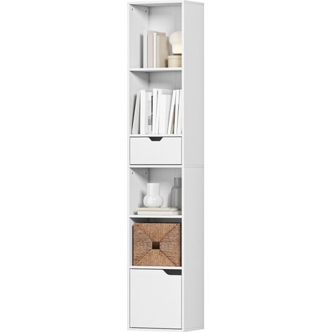 Bibliothèque, étagère à livres, meuble de rangement avec tiroir placard compartiments ouvertes, 30 x 24 x 158 cm, blanc (1/5)