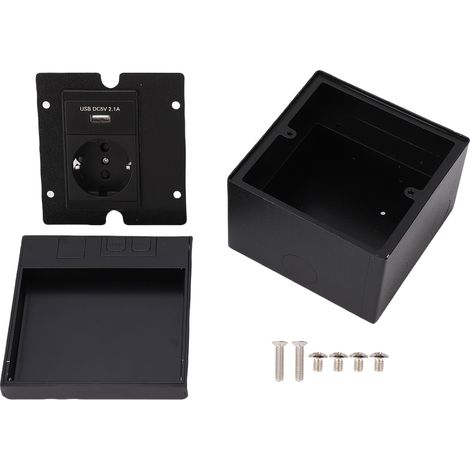 Boîte de sortie encastrée au sol, Kit plat en acier inoxydable étanche à l'eau avec prise d'alimentation USB à 2 broches, noir