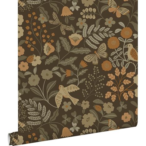 papier peint fleurs et oiseaux vert grisé, marron et jaune ocre - ESTAhome (1/5)